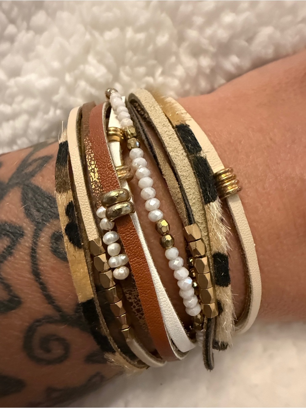 Buckle Multi-Strand Leopard Print, White & Tan Wrap Bracelet with Gold Accents